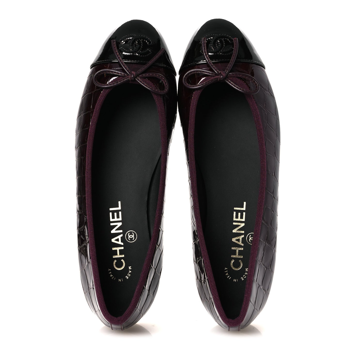 Patent Calfskin Crocodile Embossed Ballerina Flats  38 Dark Burgundy Black