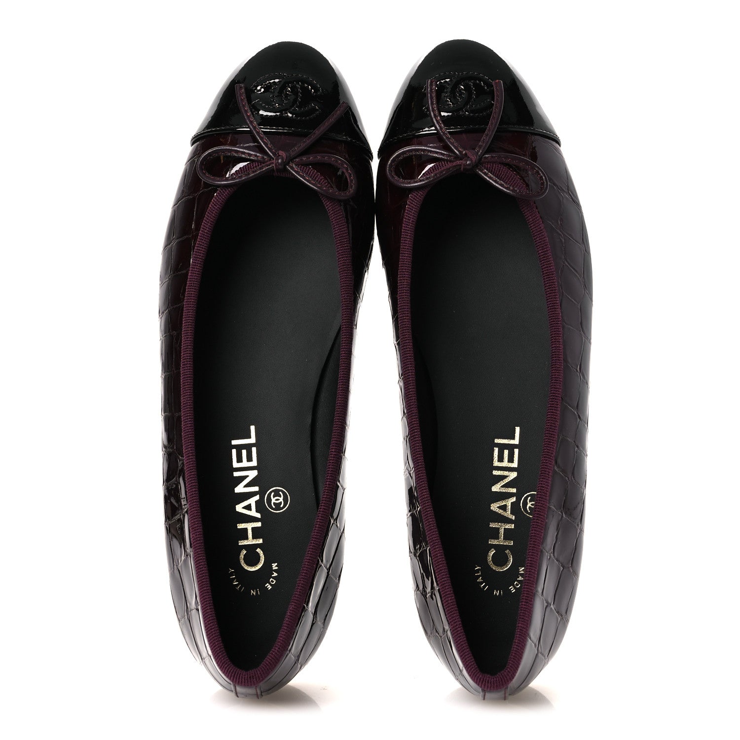 Chanel Patent Calfskin Crocodile Embossed Ballerina Flats  38 Dark Burgundy Black 2 of 11