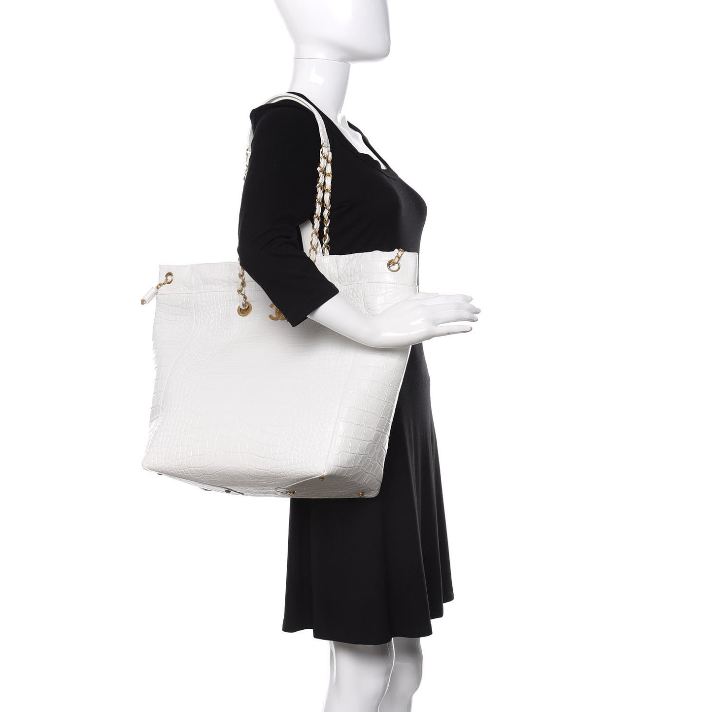 Calfskin Crocodile Embossed Large Cocodile Shopping Tote White
