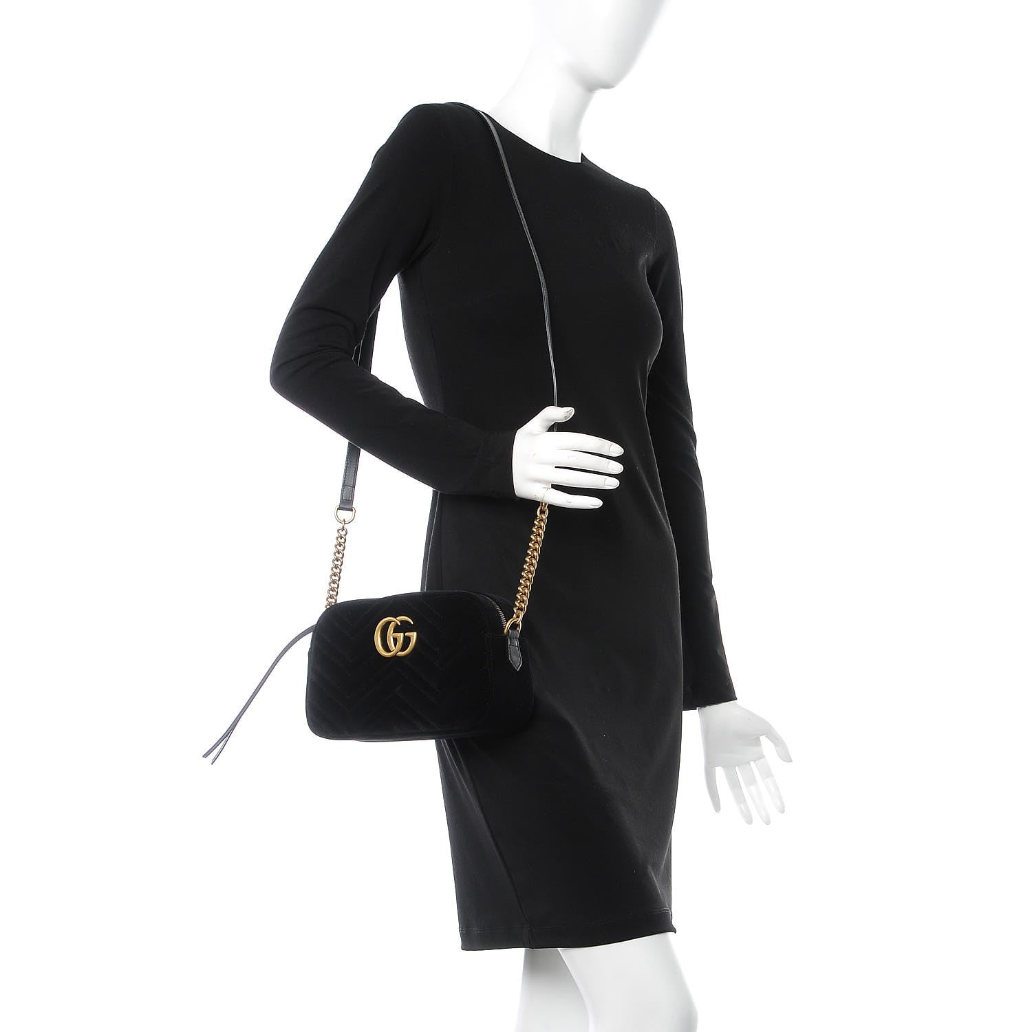 Gucci Velvet Matelasse Small GG Marmont Chain Shoulder Bag Black 2 of 7