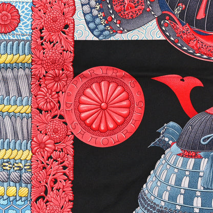 Hermes Silk Parures de Samouraïs Scarf 90 Black Rouge Blue Jean 2 of 4