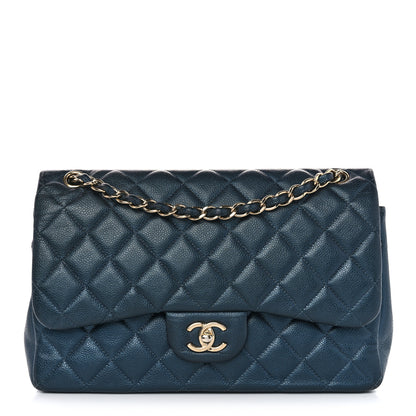 Chanel Metallic Caviar Quilted Jumbo Double Flap Dark Blue 1 of 15