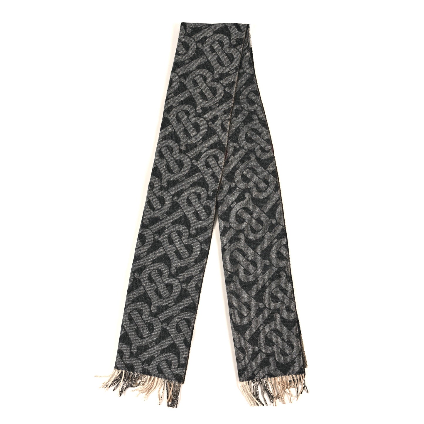 Cashmere Half Mega Check Monogram TB Reversible Fringe Scarf Black White