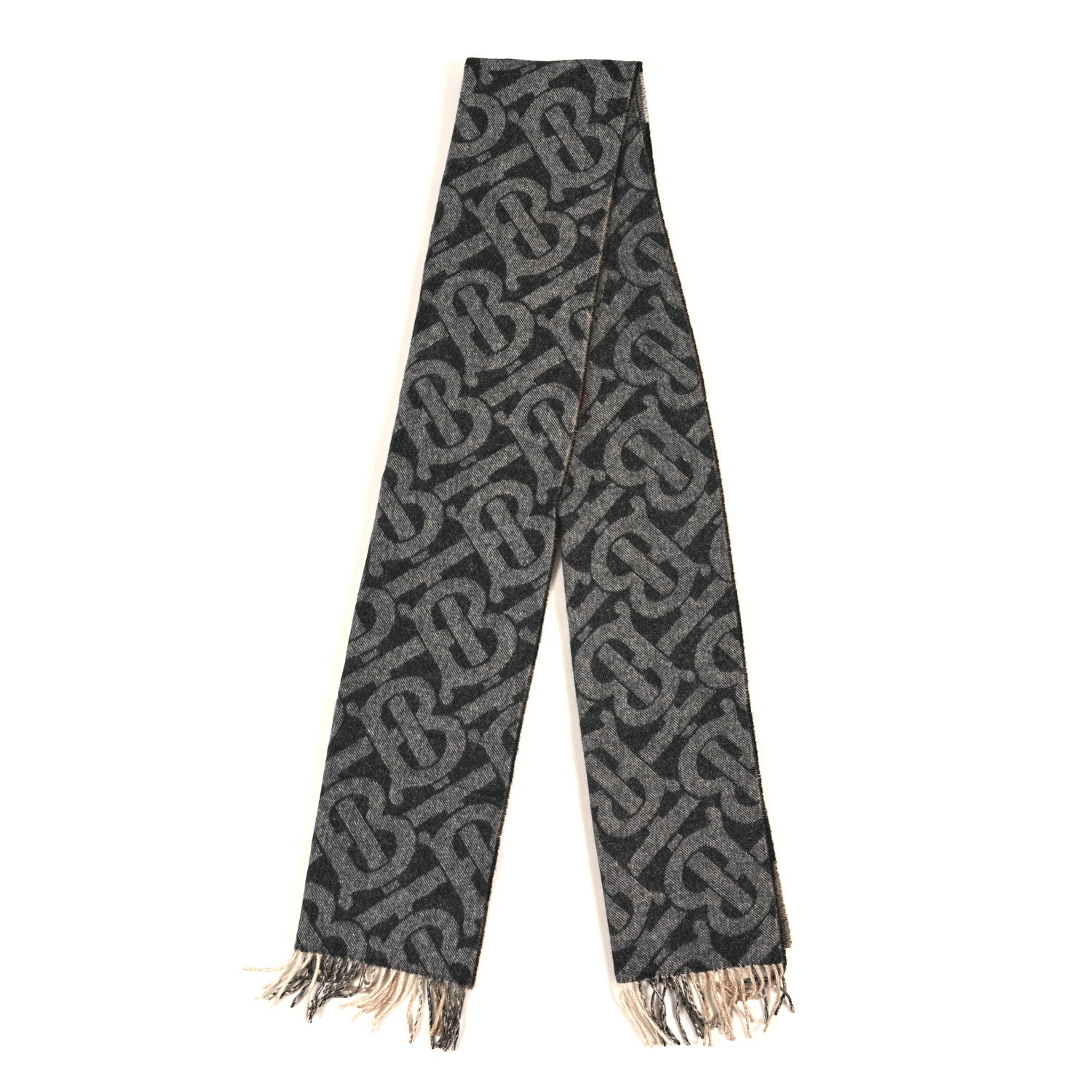 Burberry Cashmere Half Mega Check Monogram TB Reversible Fringe Scarf Black White 4 of 6