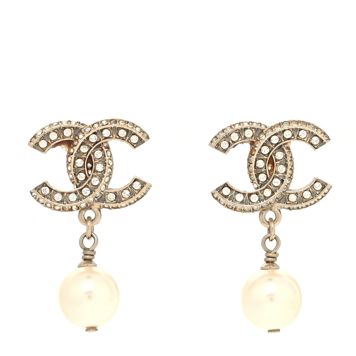 Crystal Pearl CC Drop Earrings Gold