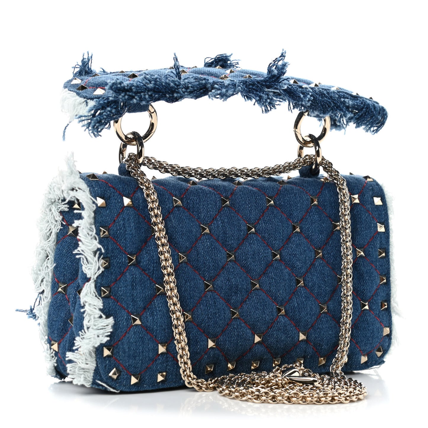 Denim Fringe Small Rockstud Spike Shoulder Bag Blue