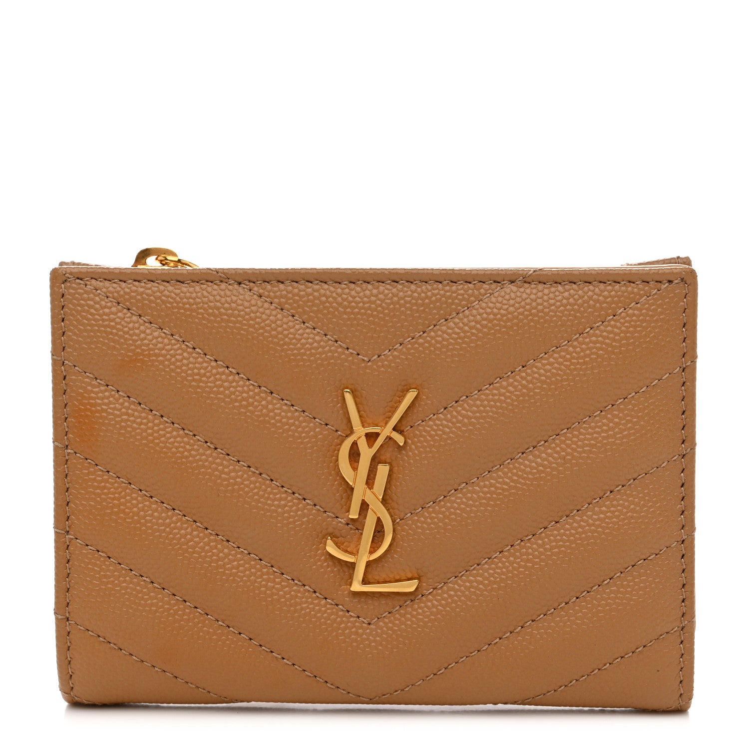 Saint Laurent Grain De Poudre Matelasse Chevron Monogram Zipped Two-Part Wallet Natural Dark 1 of 9