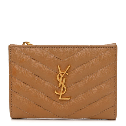 Saint Laurent Grain De Poudre Matelasse Chevron Monogram Zipped Two-Part Wallet Natural Dark 1 of 9