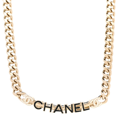 Chanel Enamel Metal Logo Choker Necklace Gold White Black 1 of 7
