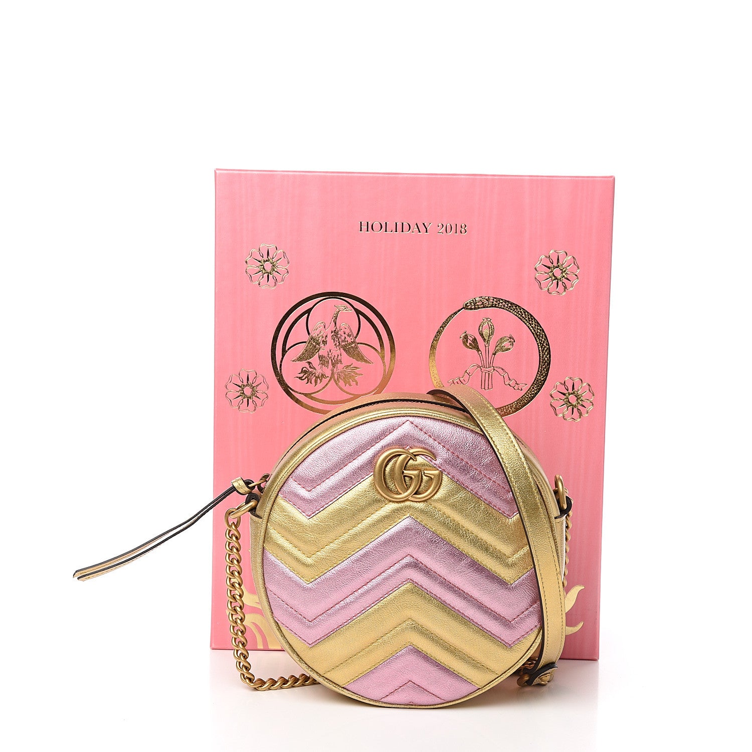 Gucci Metallic Calfskin Matelasse Mini GG Marmont Round Shoulder Bag Gold Pink 10 of 10