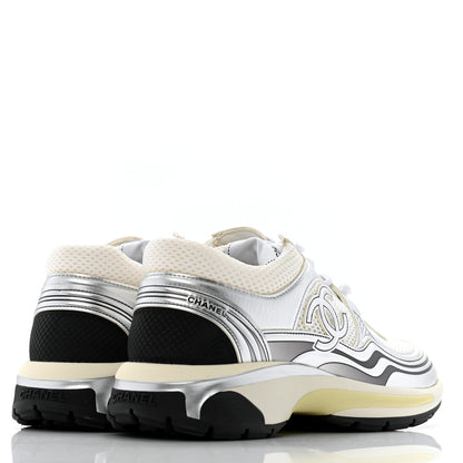 Chanel Fabric Laminated Calfskin Stretch CC Sneakers 40 White Gold Silver 5 of 10