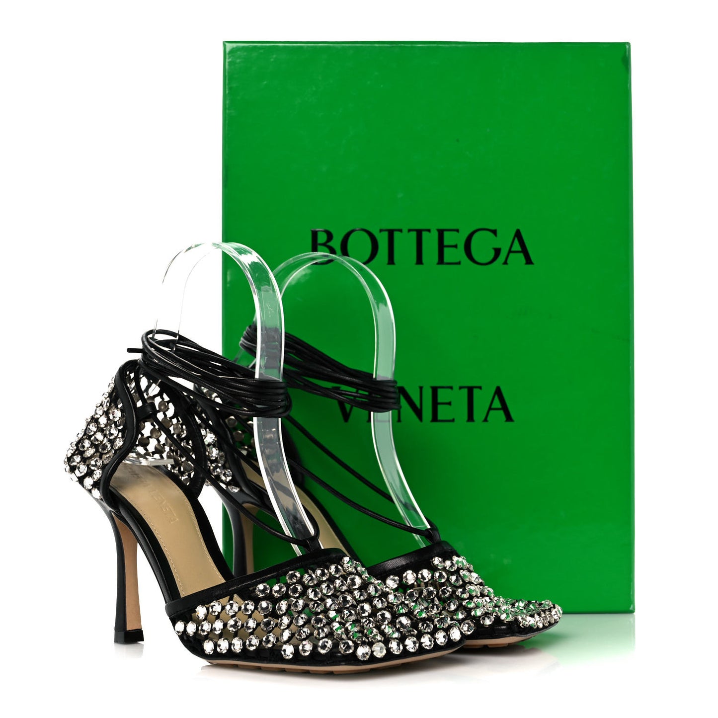 Mesh Nappa Crystal Embellished Sparkle Stretch Ankle Tie Sandals 36 Black