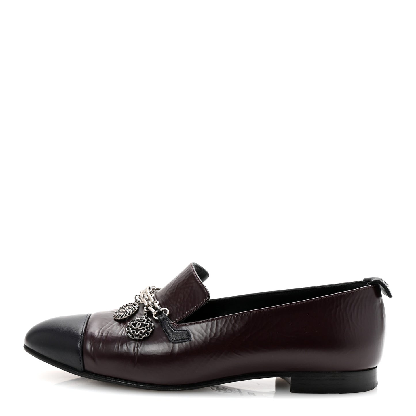 Crackled Goatskin Lambskin Cap Toe CC Charm Loafers 36 Dark Burgundy Navy