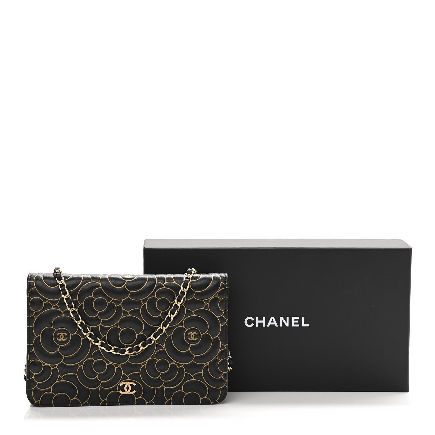 Chanel Lambskin Camellia Embossed Wallet On Chain WOC Black Gold 13 of 13