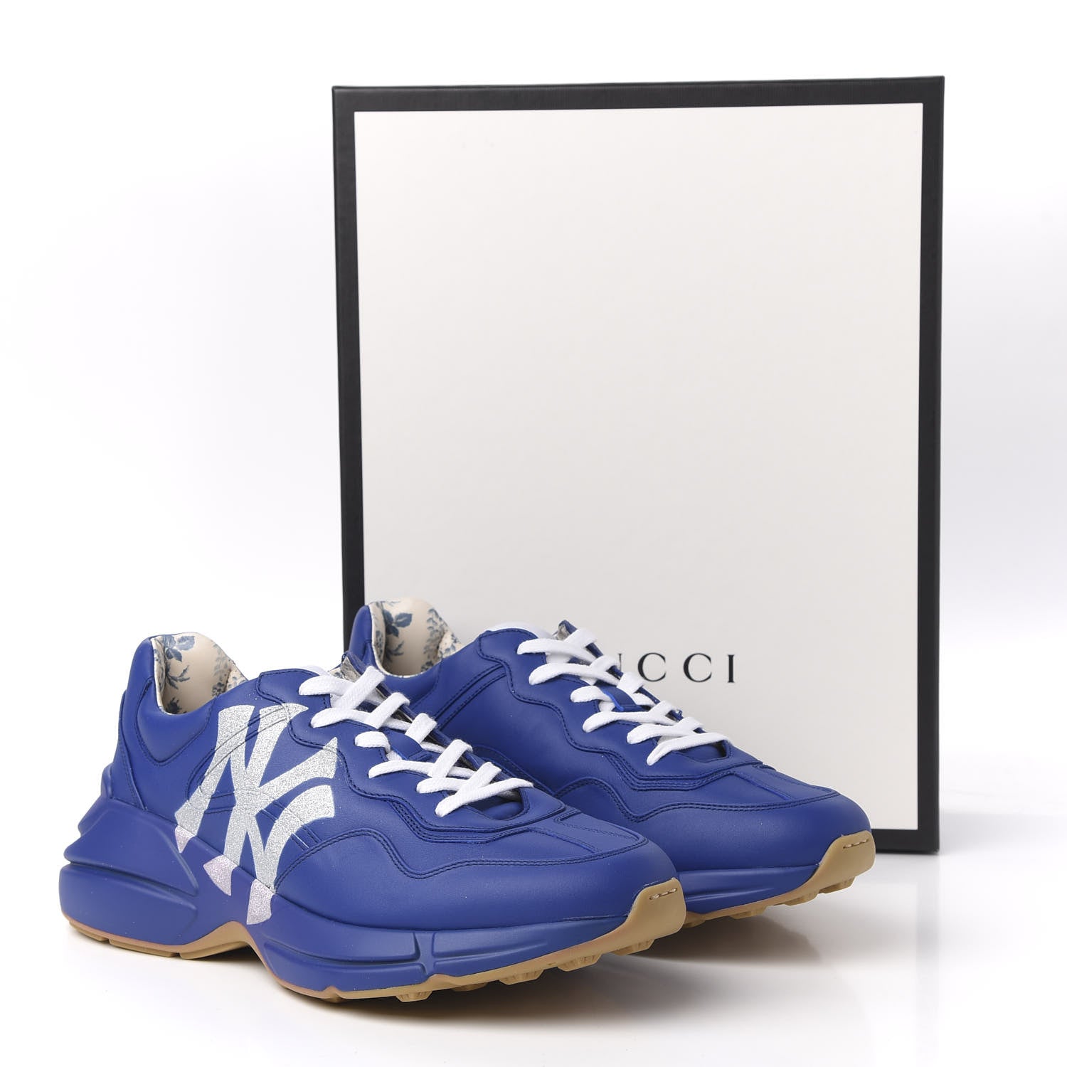 Gucci X MLB Calfskin NY Yankees Mens Rhyton Sneakers 9 Electric Blue 9 of 9