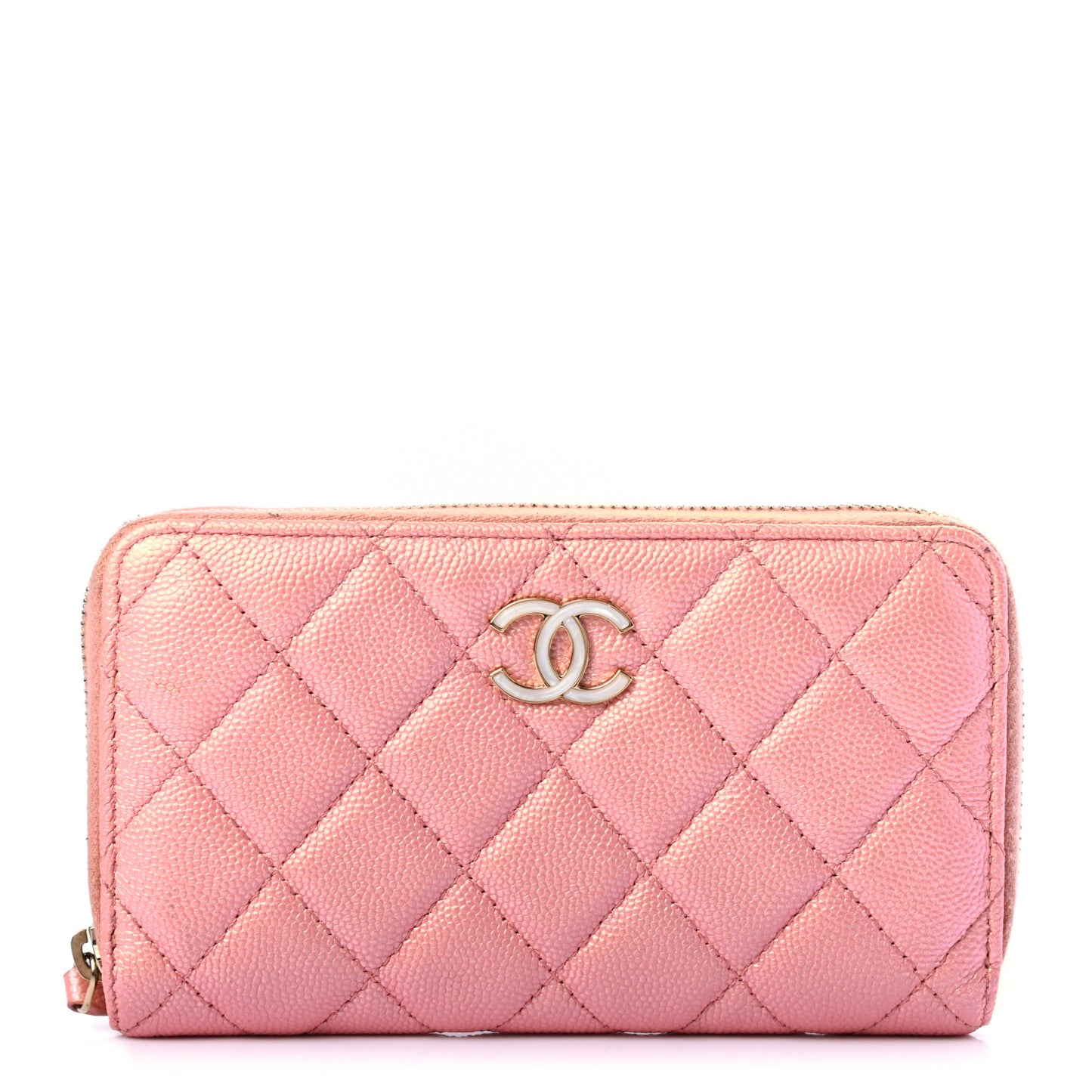 Iridescent Caviar Quilted Medium Zip Around Wallet Pink