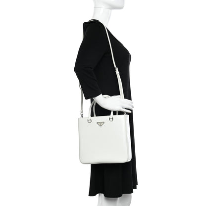 Prada Spazzolato Metal Triangle Logo Double Handle Crossbody Tote White 2 of 9