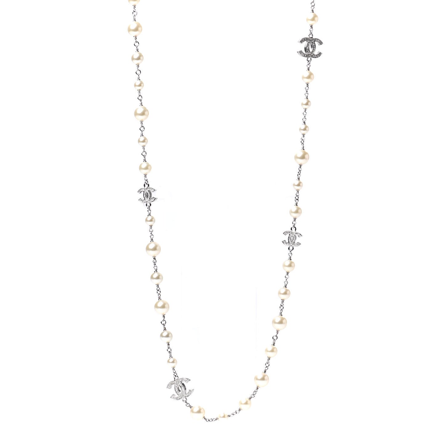 Crystal Pearl CC Long Necklace Silver