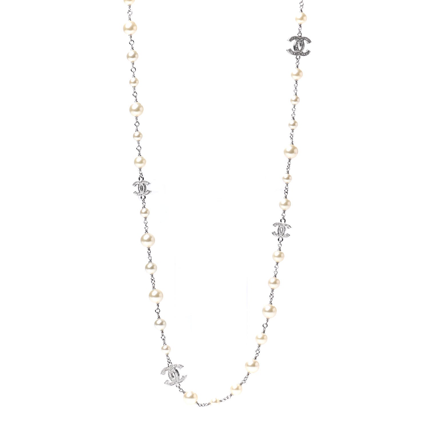 Chanel Crystal Pearl CC Long Necklace Silver 1 of 6
