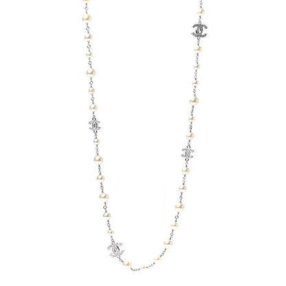 Chanel Crystal Pearl CC Long Necklace Silver 1 of 6