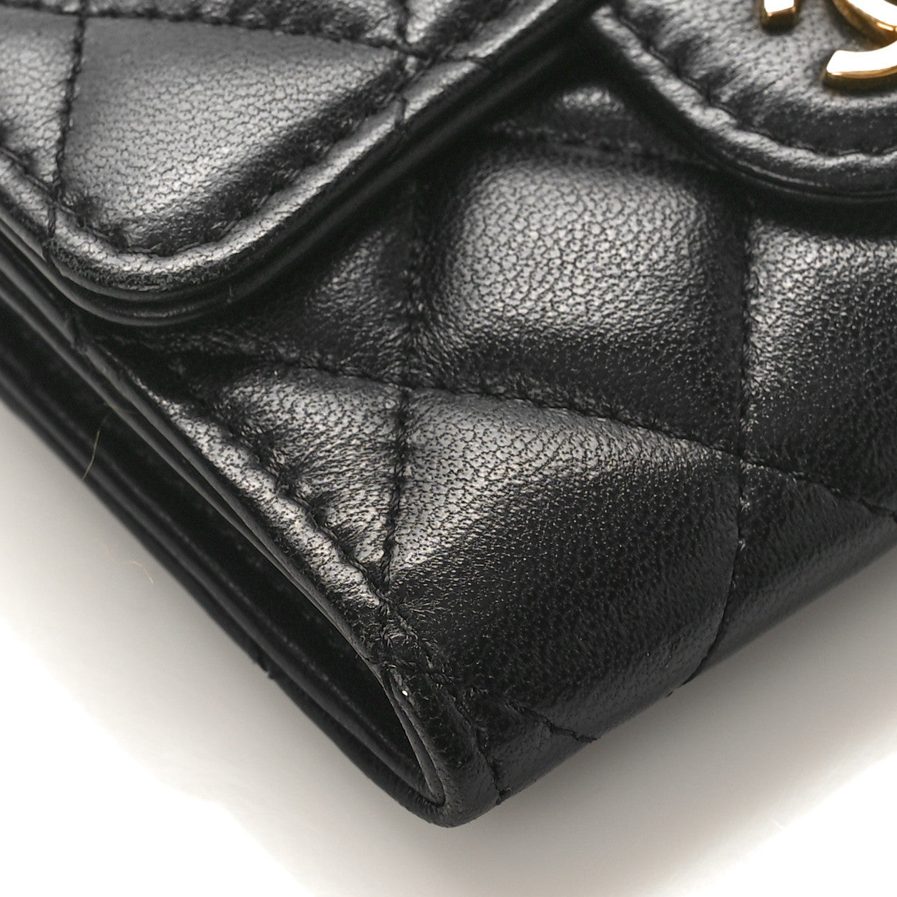 Lambskin Quilted Flap Card Holder Wallet Black