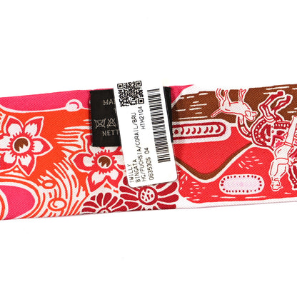 Hermes Silk Bingata Twilly Fuchsia Corail Brun 3 of 3