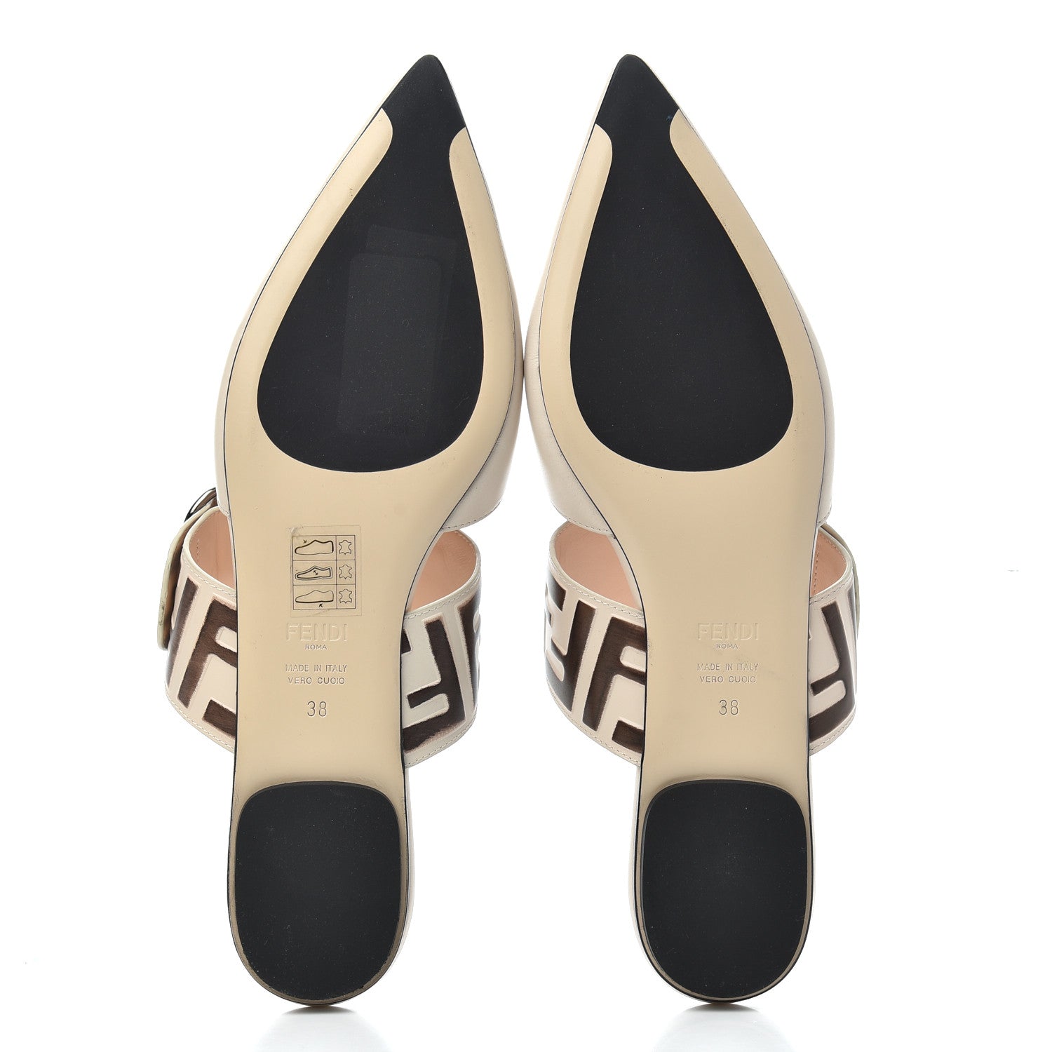 Fendi Vitello FF Embossed Buckle Flat Mules 38 Camelia Moresco 5 of 11