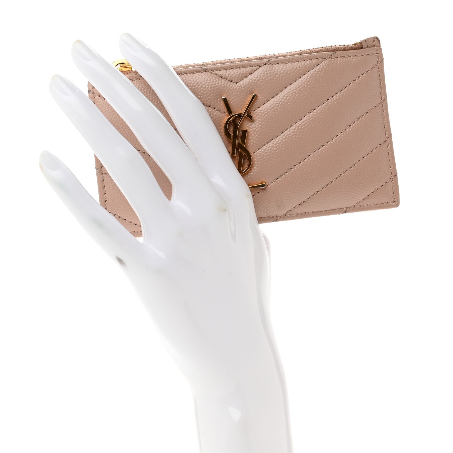 Saint Laurent Grain De Poudre Matelasse Chevron Monogram Fragments Zippered Card Case Nude Powder 2 of 9