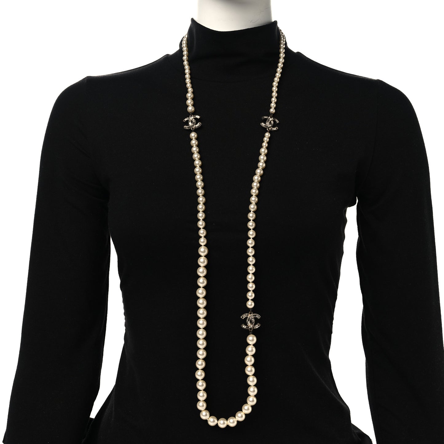 Graduated Pearl Crystal CC Long Necklace Gold Black