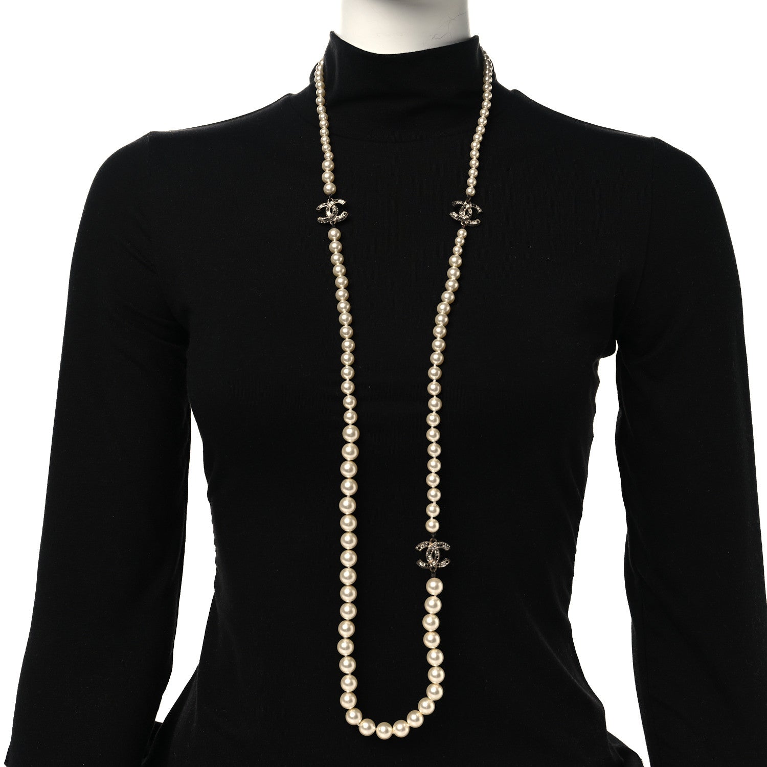 Chanel Graduated Pearl Crystal CC Long Necklace Gold Black 2 of 4