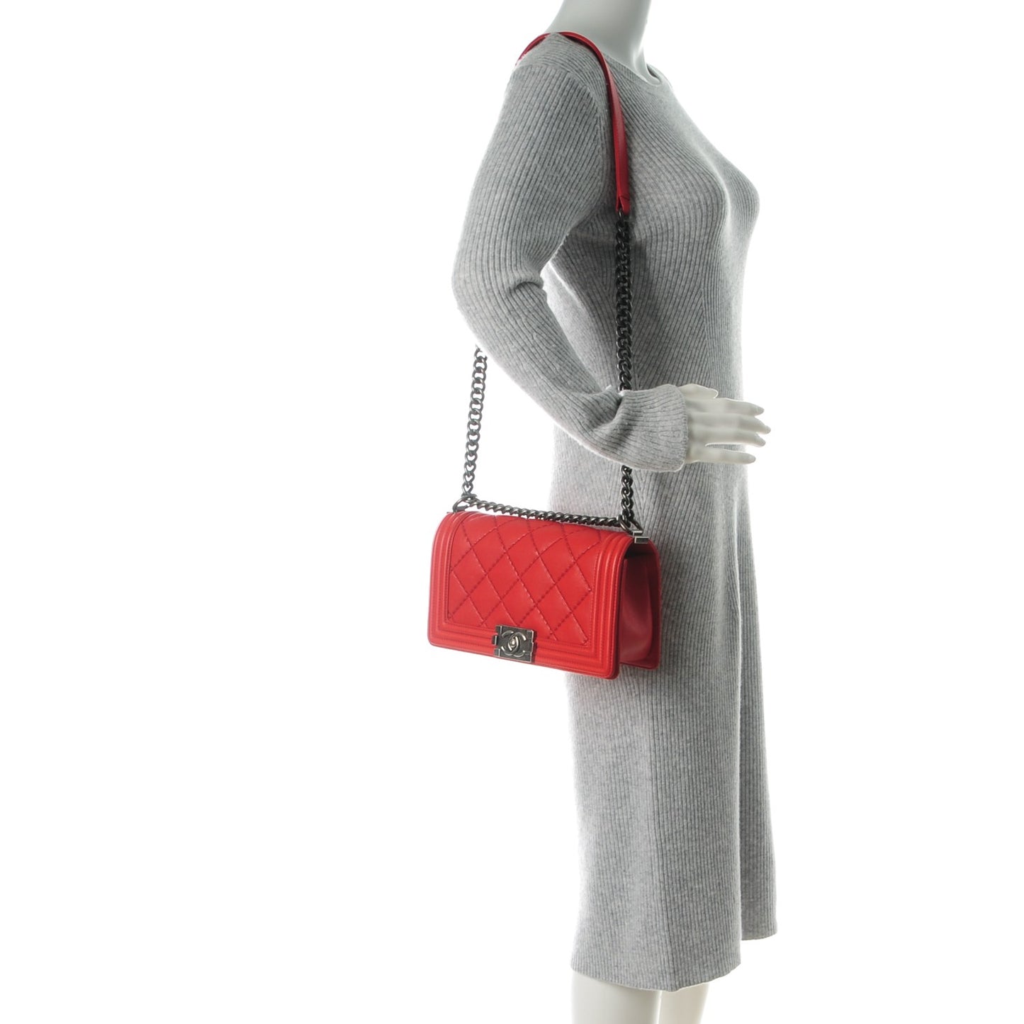 Calfskin Quilted Double Stitch Medium Boy Flap Red