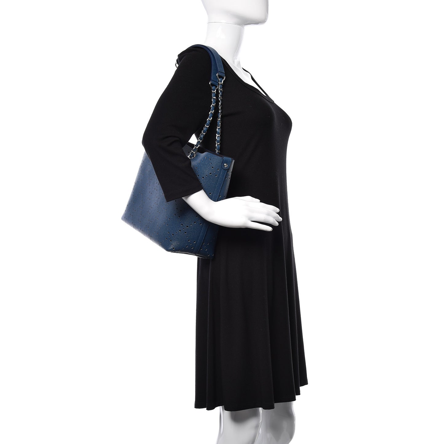 Perforated Grained Calfskin Large Shopping Tote Blue