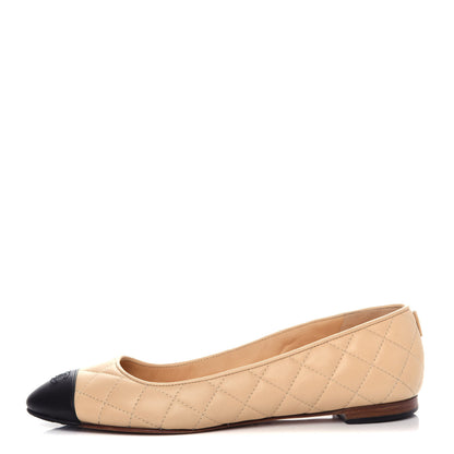 Chanel Lambskin Quilted Cap Toe Ballerina Flats 38.5 Beige Black 2 of 22
