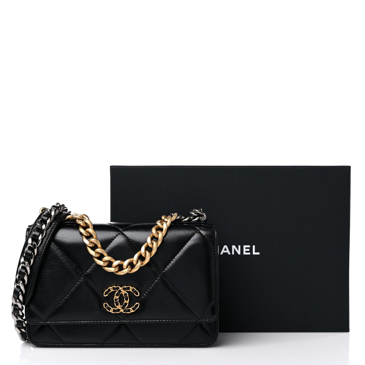 Lambskin Quilted Chanel 19 Wallet On Chain WOC Black