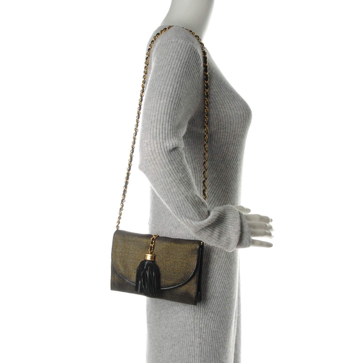 Chanel Tassel Clutch With Chain Black Gold 2 of 7