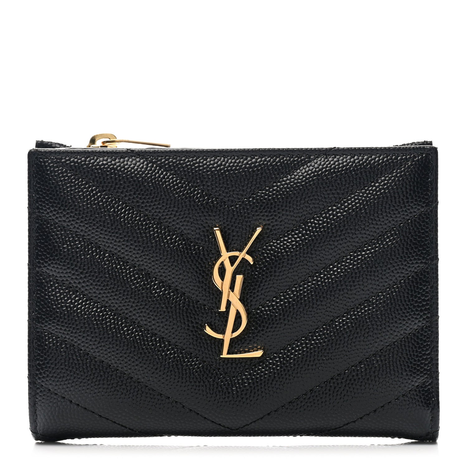 Saint Laurent Grain De Poudre Matelasse Chevron Monogram Zipped Card Case Black 1 of 6