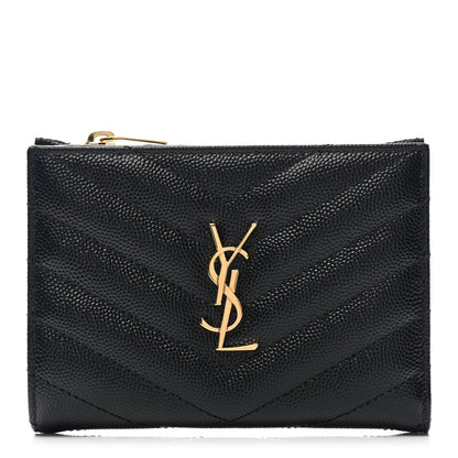 Saint Laurent Grain De Poudre Matelasse Chevron Monogram Zipped Card Case Black 1 of 6