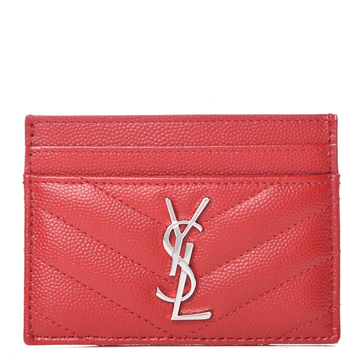 Saint Laurent Grain De Poudre Matelasse Chevron Monogram Credit Card Case New Red 1 of 10
