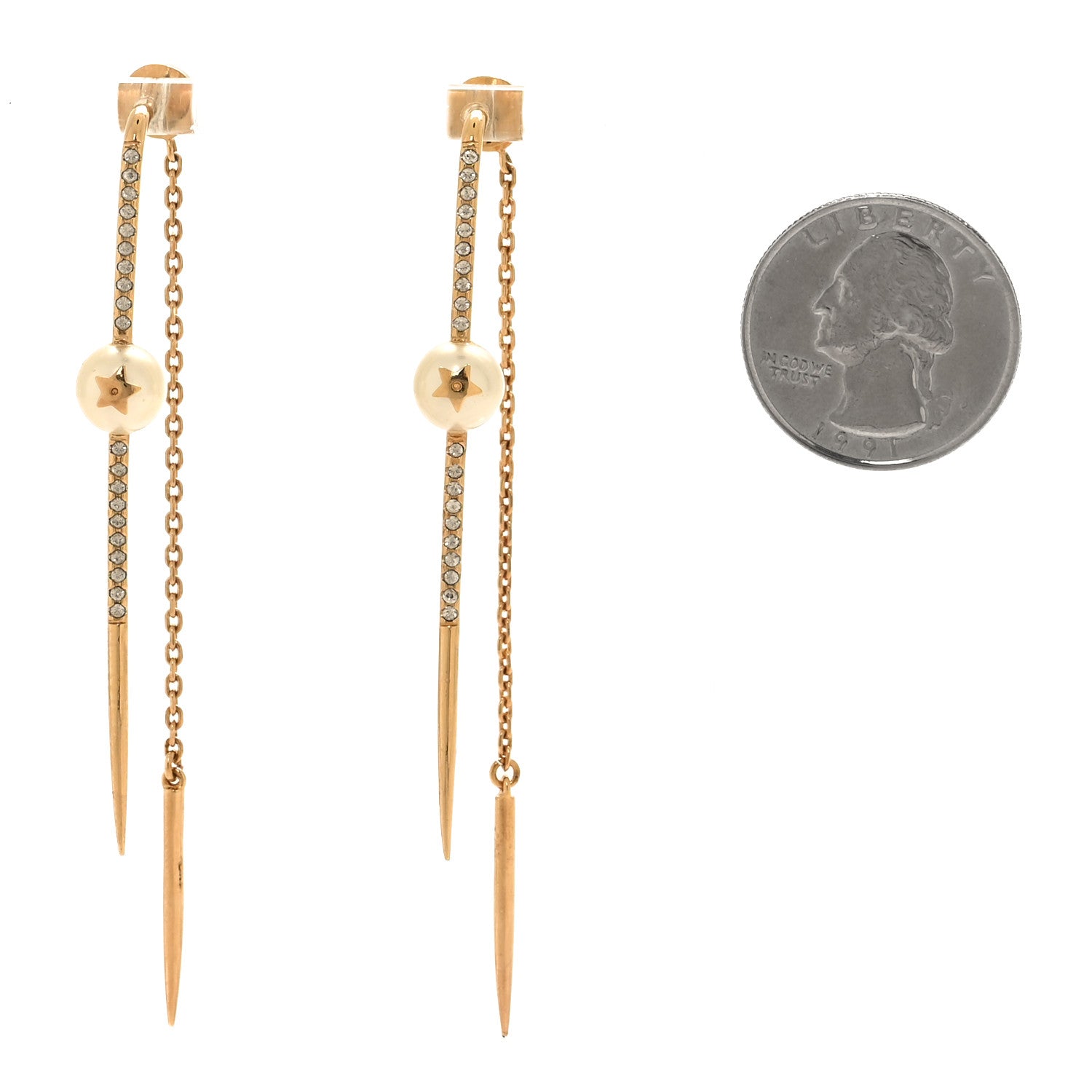 Christian Dior Pearl Crystal Star Needle Dangle Chain Earrings Gold 2 of 6