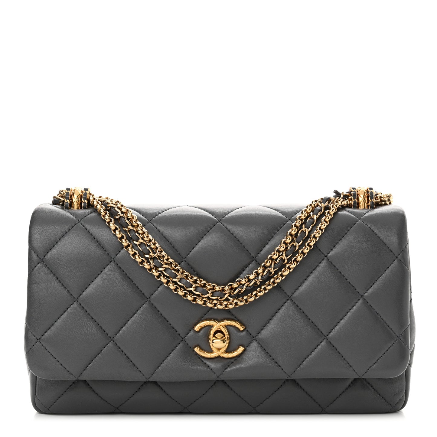 Shiny Lambskin Quilted Multi Stand Flap Grey