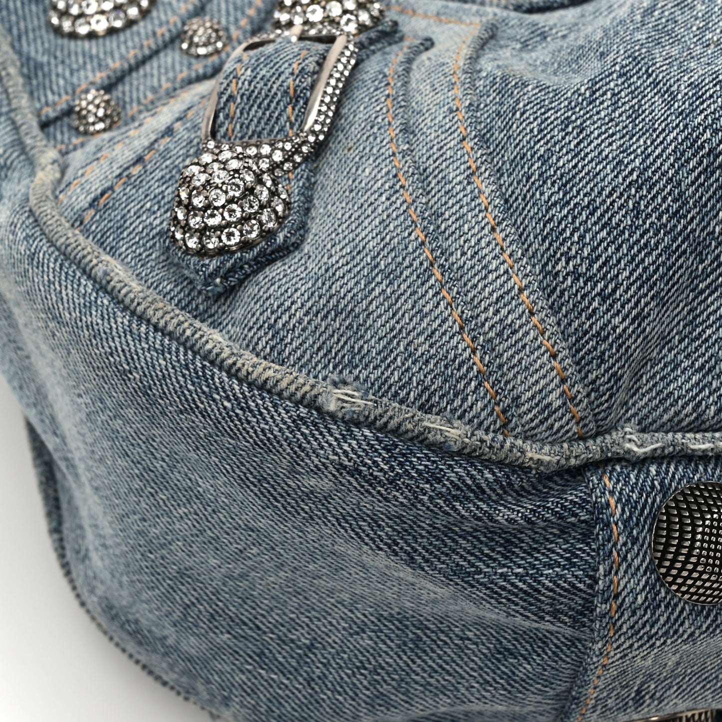 Washed Frayed Denim Crystal Small Le Cagole Shoulder Bag Blue