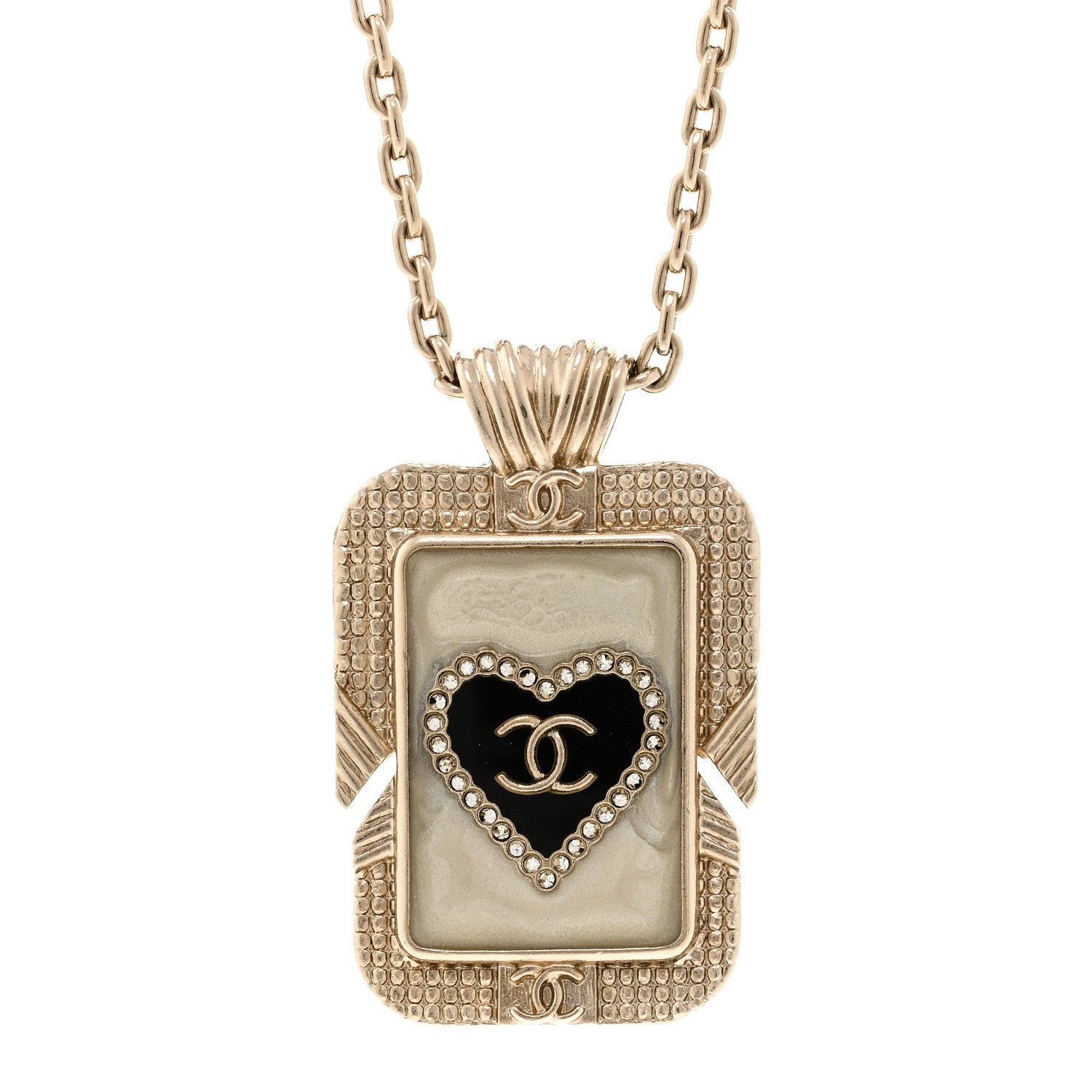 Chanel Metal Resin Enamel Crystal CC Necklace Gold Black White 7 of 7