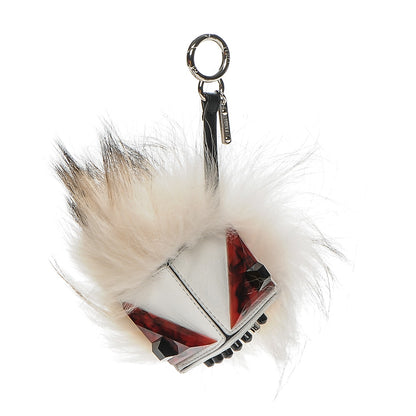 Fendi Vitello Flamingo Fox Fur Flurry Monster Bag Bug Cube Charm White 1 of 4