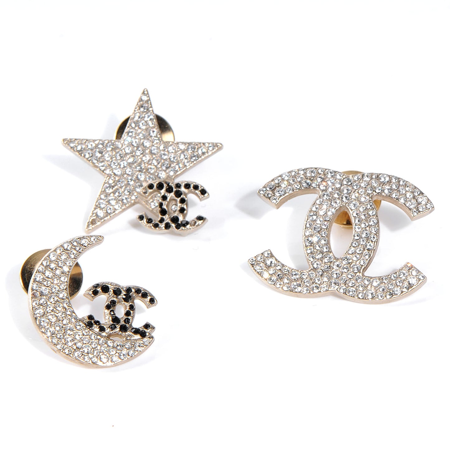 Crystal CC Moon Star Pin Brooch Set Gold