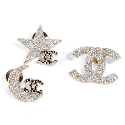 Chanel Crystal CC Moon Star Pin Brooch Set Gold 1 of 5