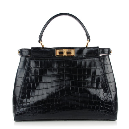 Fendi Shiny Crocodile Shiny Nappa Medium Peekaboo Iconic Satchel Dark Blue 1 of 8