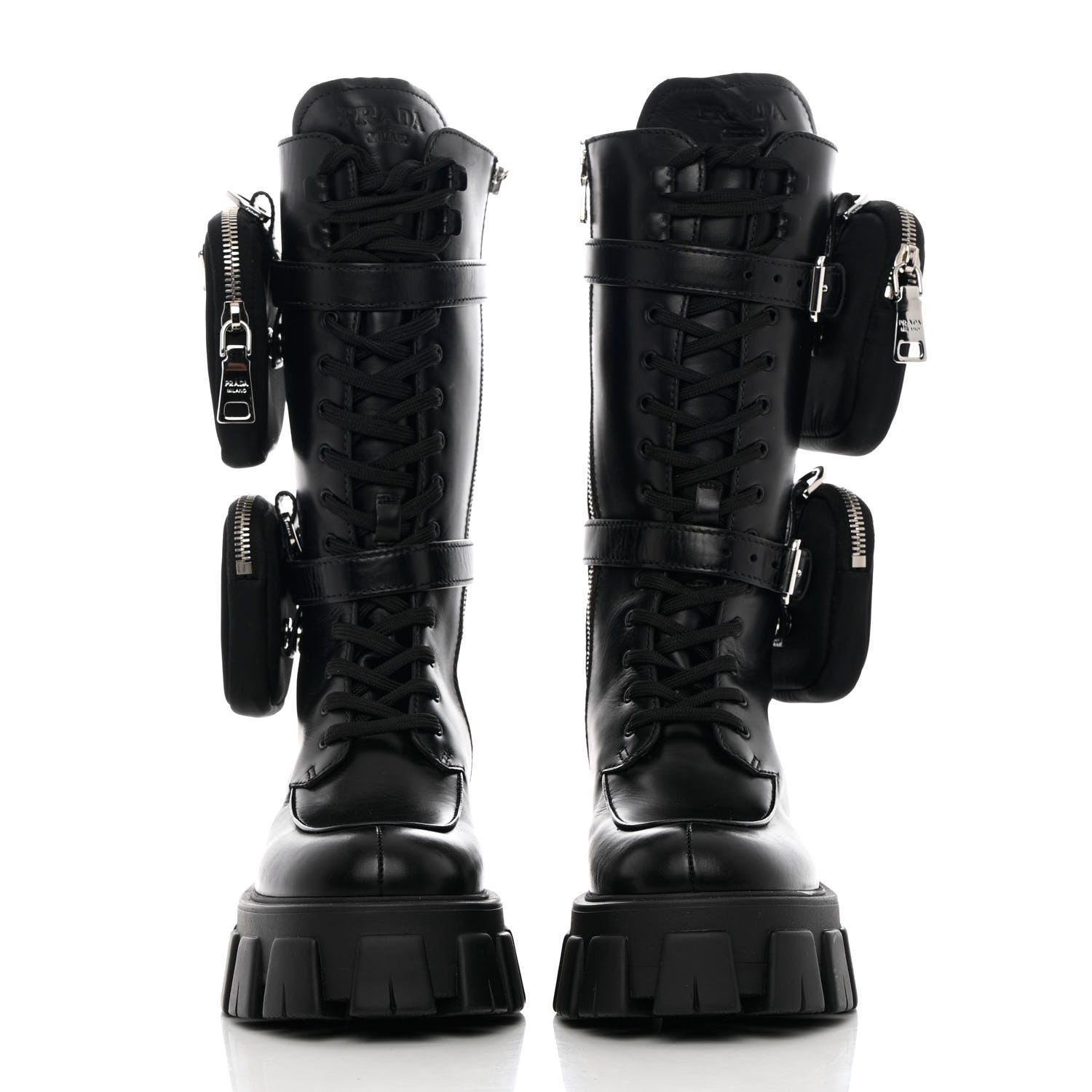 Prada Vitello Lux Nylon Metal Triangle Logo Monolith Pouch Pocket 55mm Tall Combat Boots 35.5 Black 2 of 12