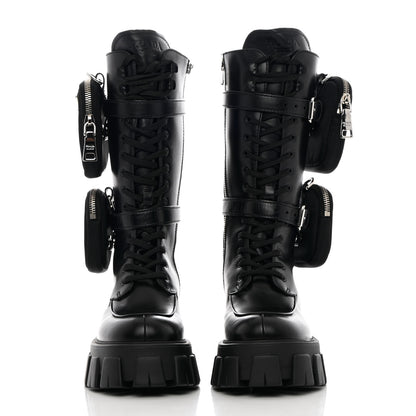 Prada Vitello Lux Nylon Metal Triangle Logo Monolith Pouch Pocket 55mm Tall Combat Boots 35.5 Black 2 of 12