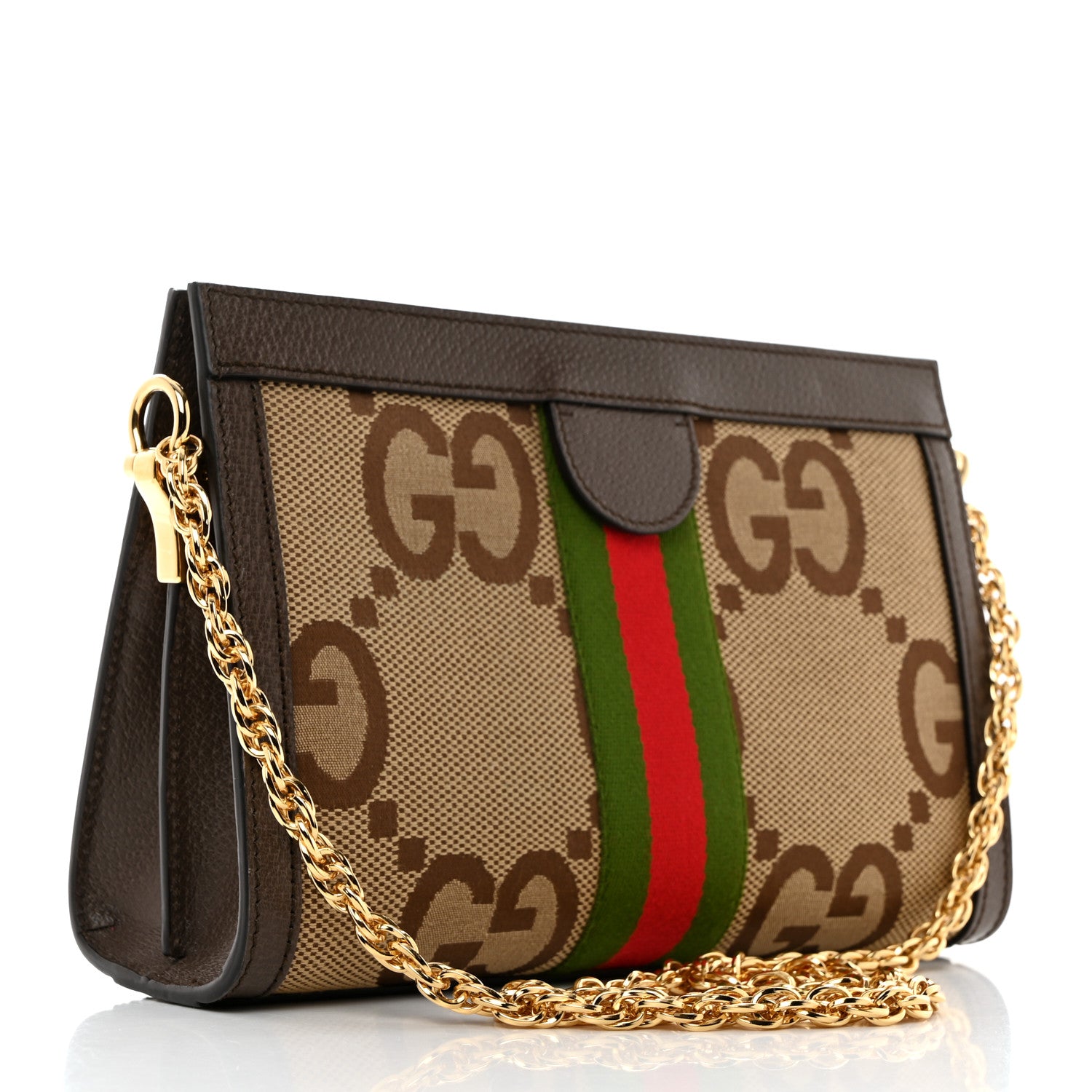 Gucci Monogram Jumbo GG Textured Dollar Calfskin Web Small Ophidia Chain Shoulder Bag Camel Ebony New Acero 2 of 12