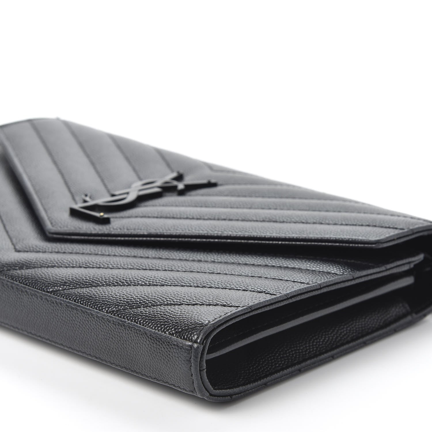 Saint Laurent Grain De Poudre Matelasse Chevron Monogram Chain Wallet Black 5 of 9